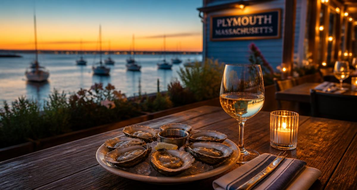 Oysters and white wine on a waterfront restaurant table in Plymouth Massachusetts at sunset with harbor views