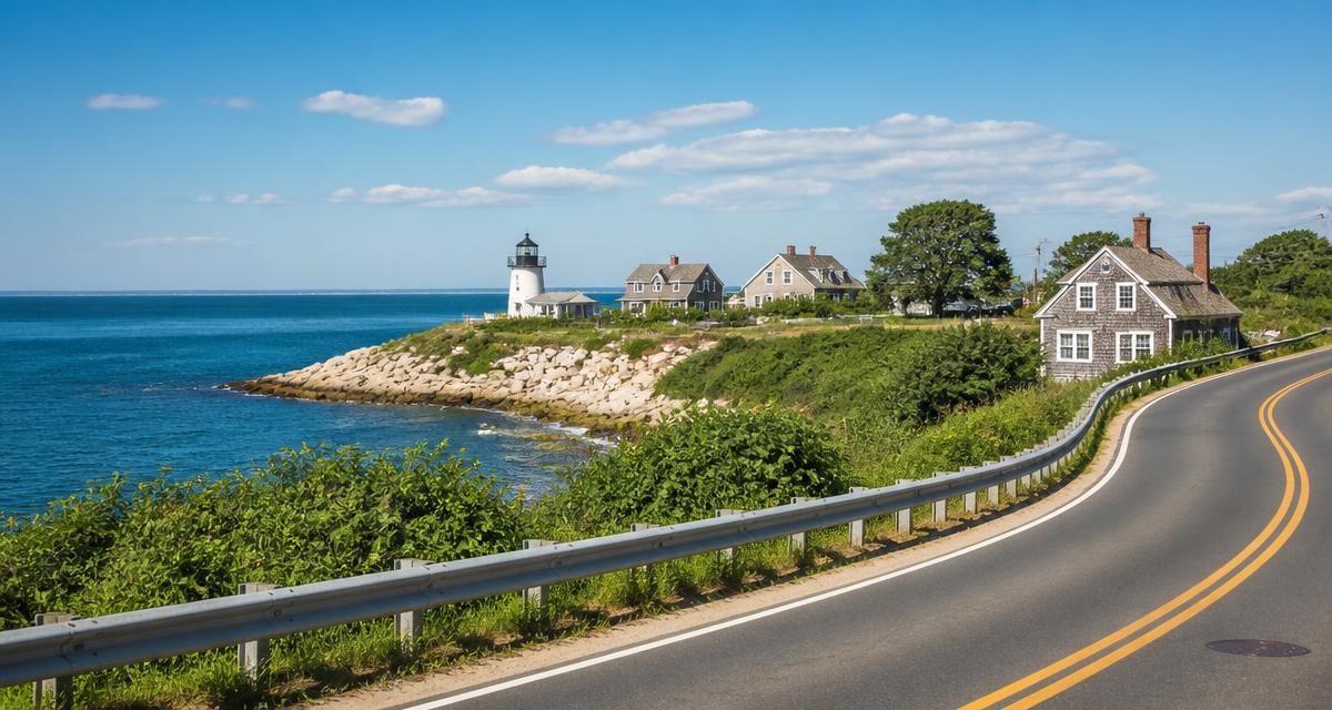 Scenic New England coastal road with a lighthouse, rocky shoreline and historic cottages near Plymouth Massachusetts