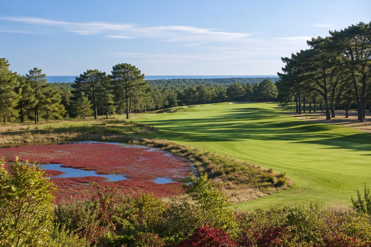 Editorial image of a golf fairway among pine trees and cranberry bogs