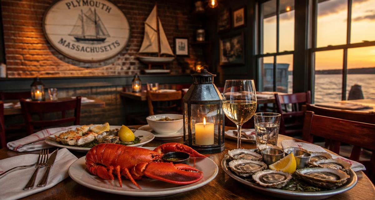 Fresh lobster and oysters on a rustic table in a cozy Plymouth Massachusetts restaurant with harbor views
