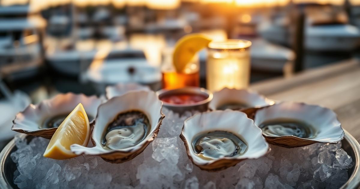Freshly shucked oysters on ice with lemon and cocktail sauce, overlooking a Plymouth marina at sunset