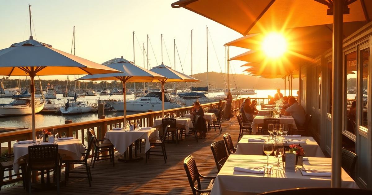 Outdoor waterfront dining overlooking Plymouth harbor at golden hour with sailboats and warm sunset light