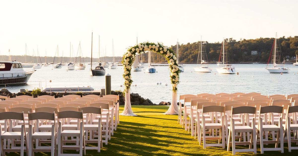 Waterfront wedding ceremony setup with white chairs and floral arch overlooking a New England harbor