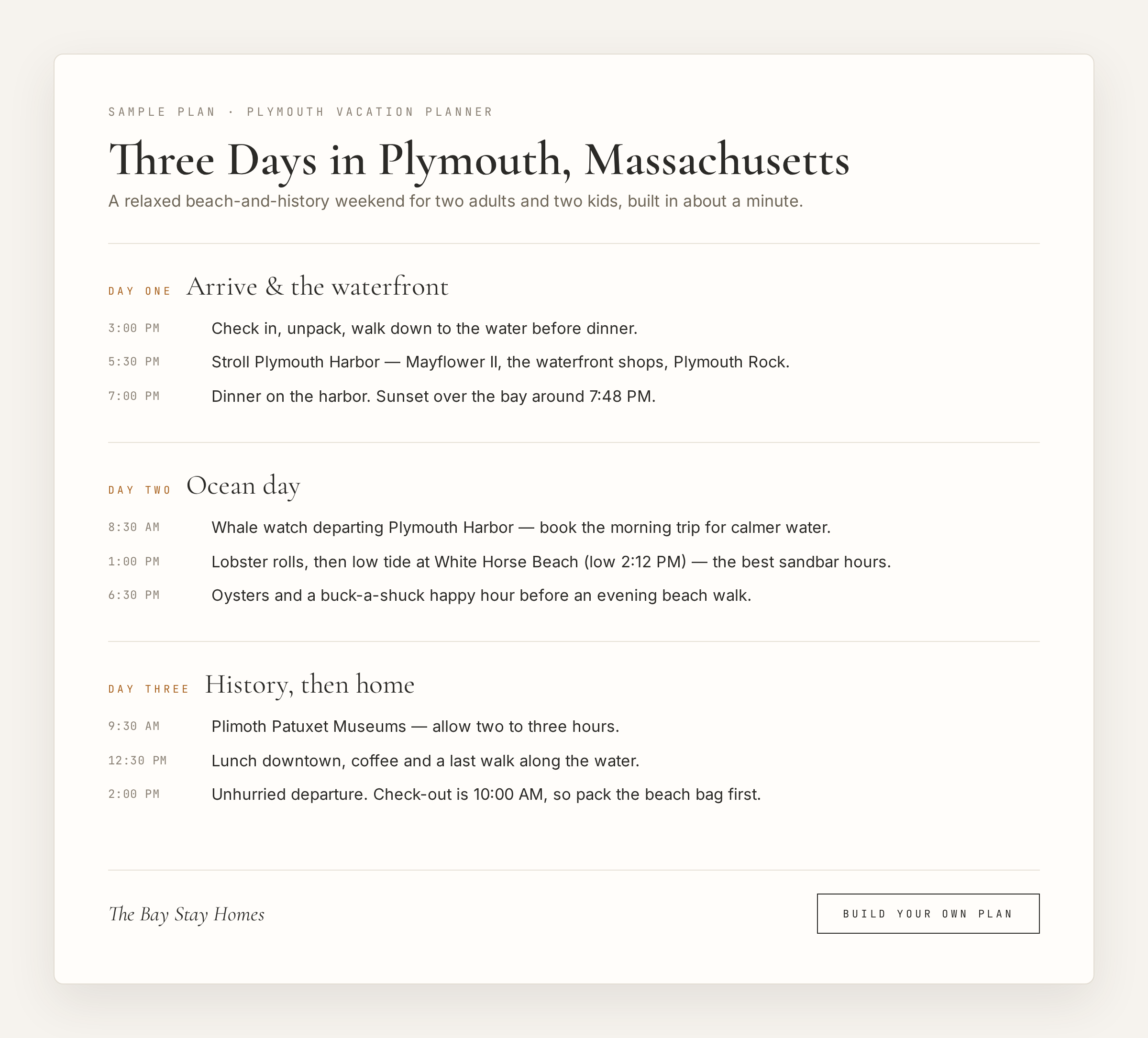 A sample three-day Plymouth, Massachusetts itinerary showing the harbor and waterfront on day one, whale watching and White Horse Beach on day two, and Plimoth Patuxet Museums on day three